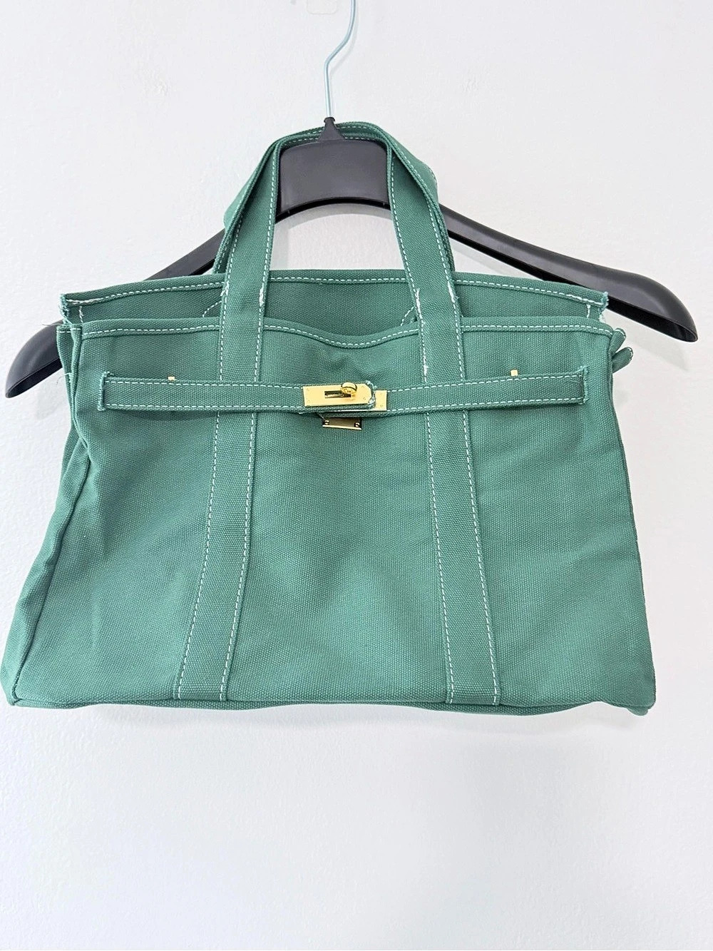 Green Canvas Belted Tote Bag Gold Turn Lock Top Handle Quiet Luxury NWOT